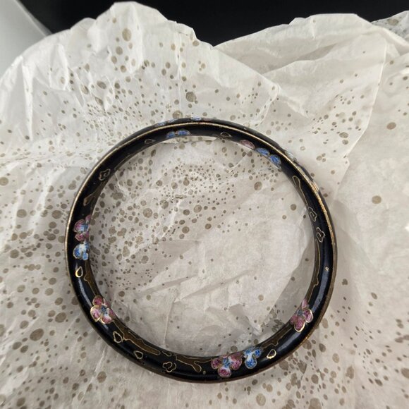 Vintage Black Cloisonné Bangle Bracelet With Floral Enamel Design In Blue & Pink - Picture 5 of 9